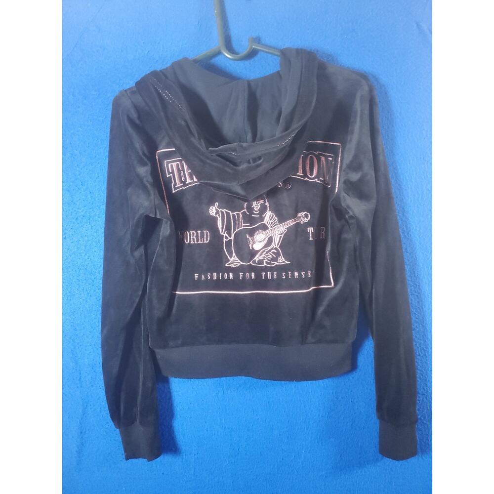 True Religion Womens Velour Zip Up Hoodie Black Pink Crystal Buddha Shrunken XS - Picture 5 of 16
